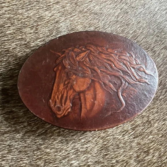 Vintage Leather Embossed Flowing Mane/Forelock Stallion Horse Belt Buckle vintage EQUESTRIAN belt buckle HORSE chrome STALLION mustang  main image 2